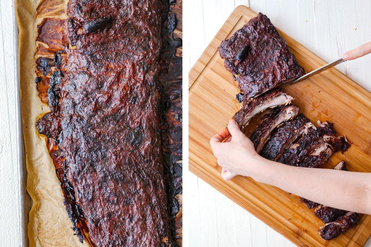 Woman cutting Cajun Sticky Ribs on a wooden cutting board.