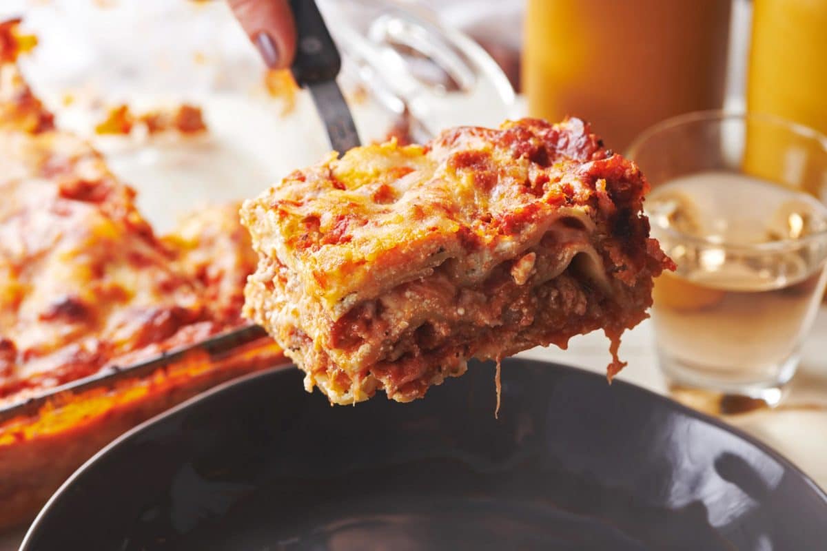 Spatula with a slice of Turkey Lasagna.