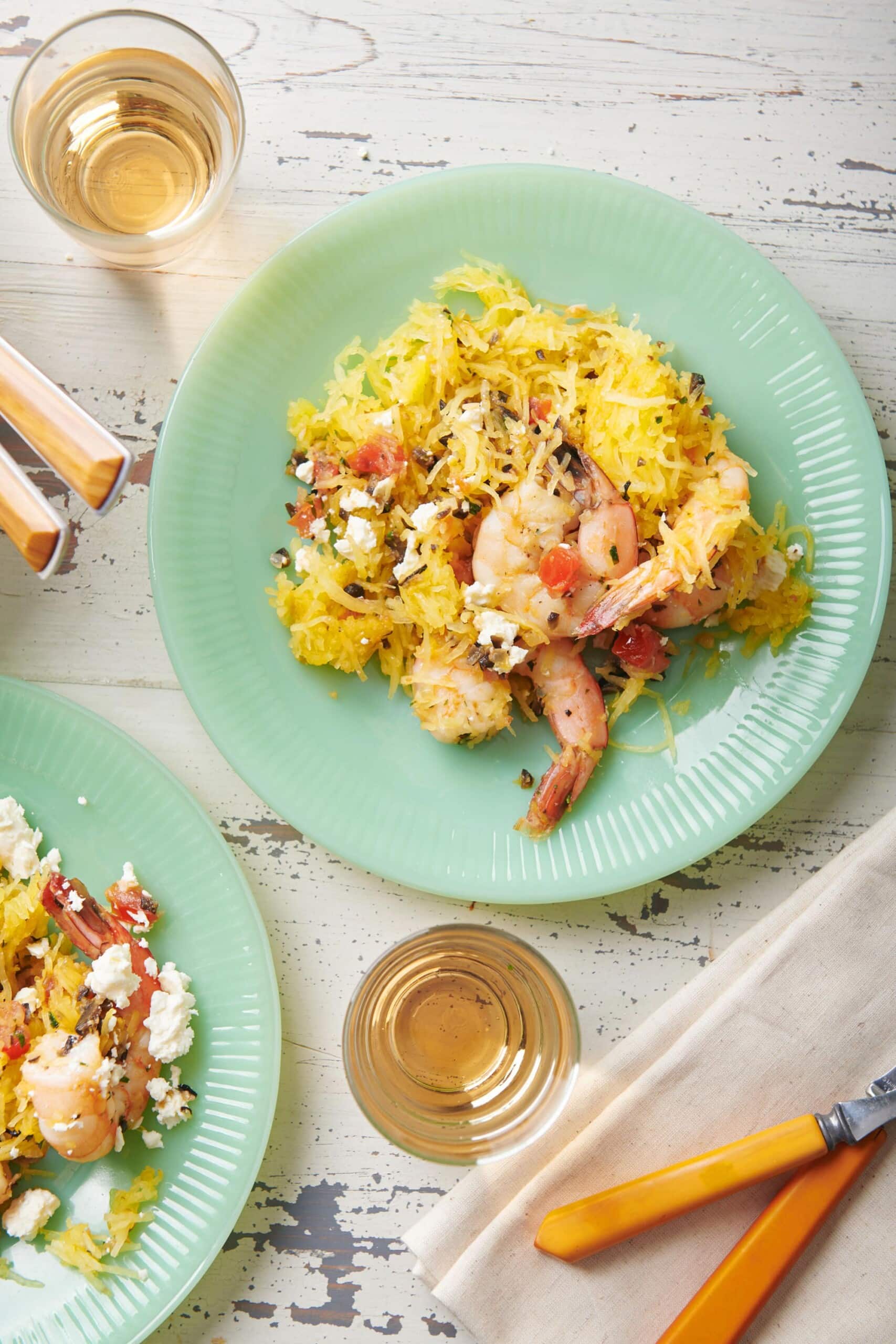 Plate of Greek-Style Spaghetti Squash with Shrimp.