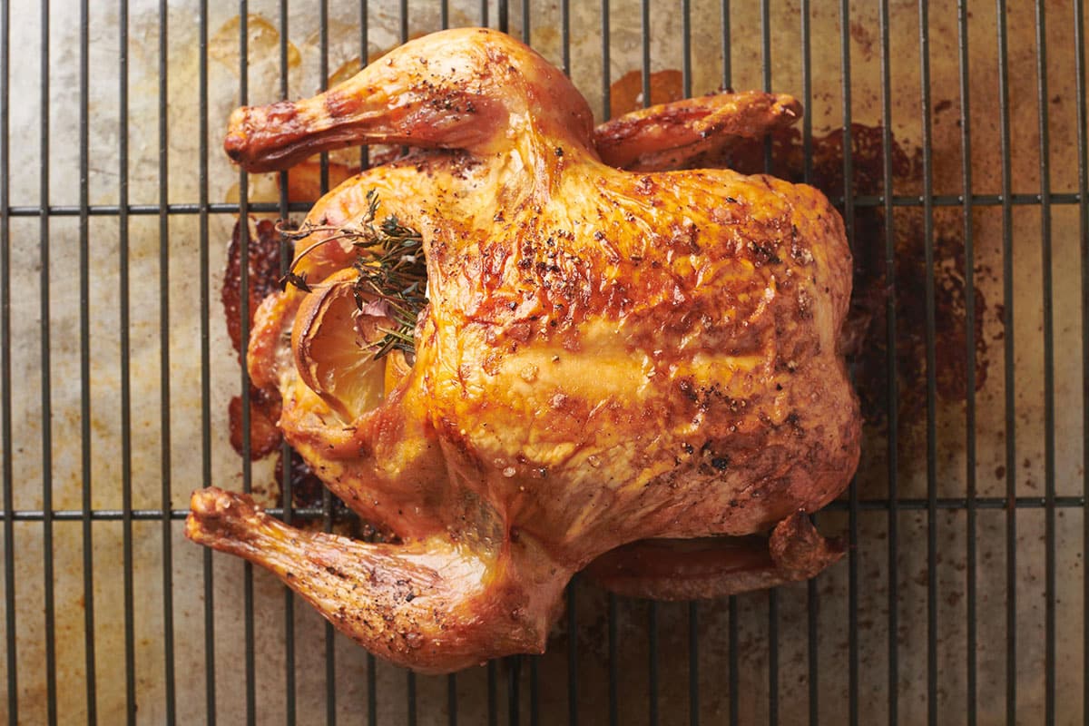 Whole roasted chicken on wire rack.