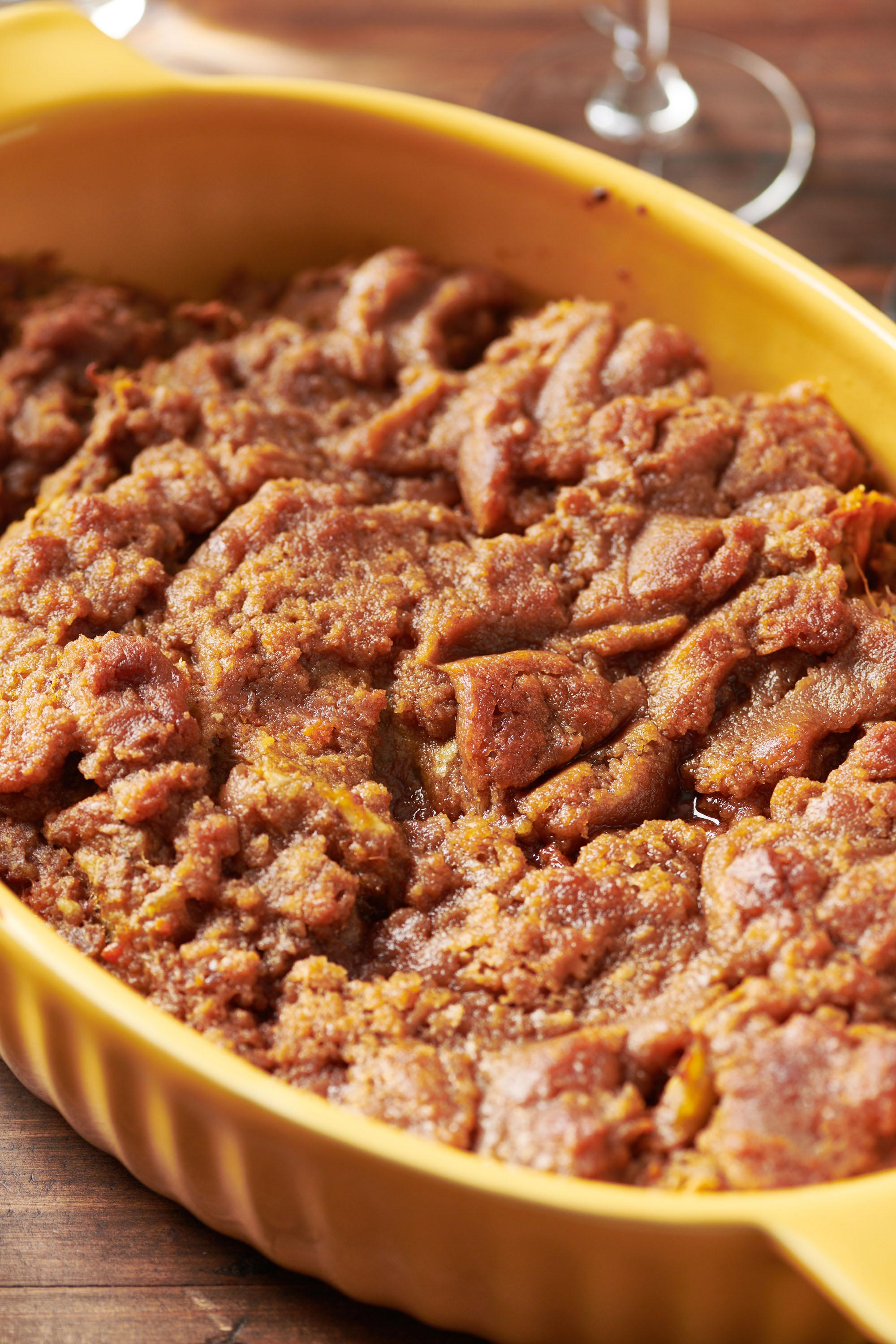 Baked Sweet Potato Casserole in a yellow dish.