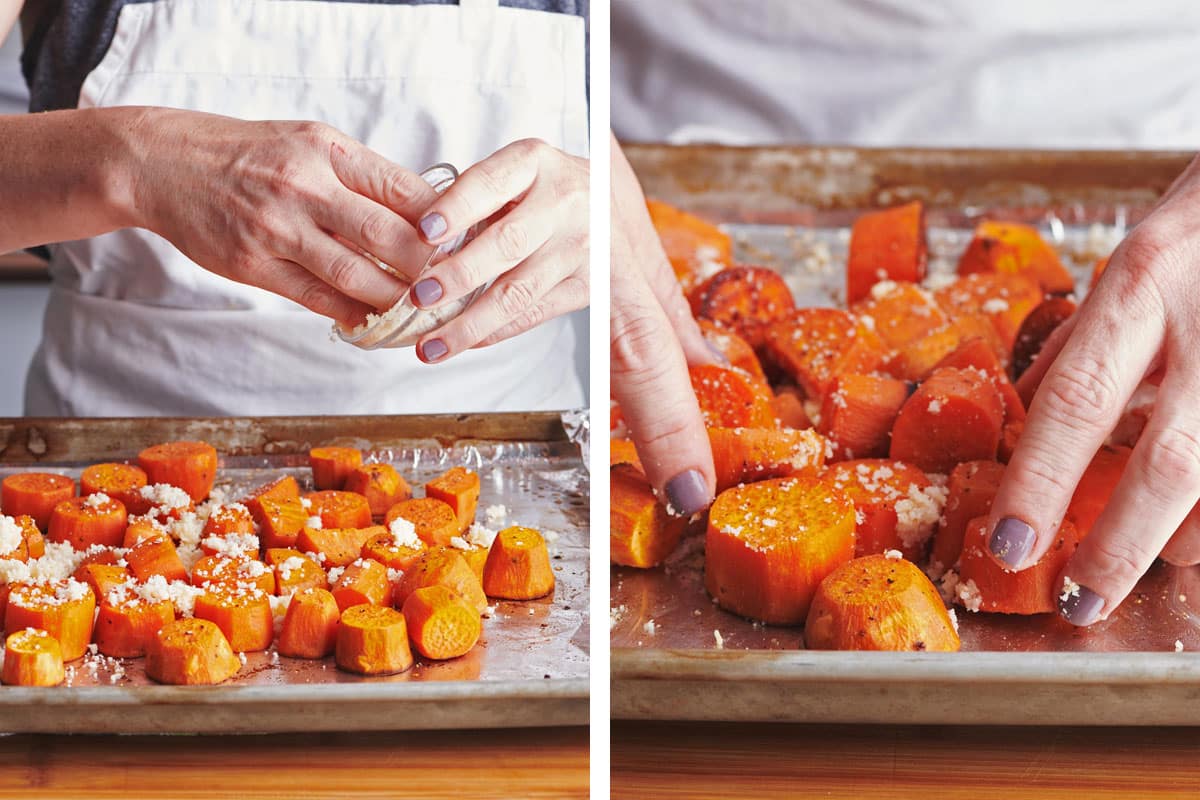 Woman adding Parmesan cheese to baked sweet potatoes.