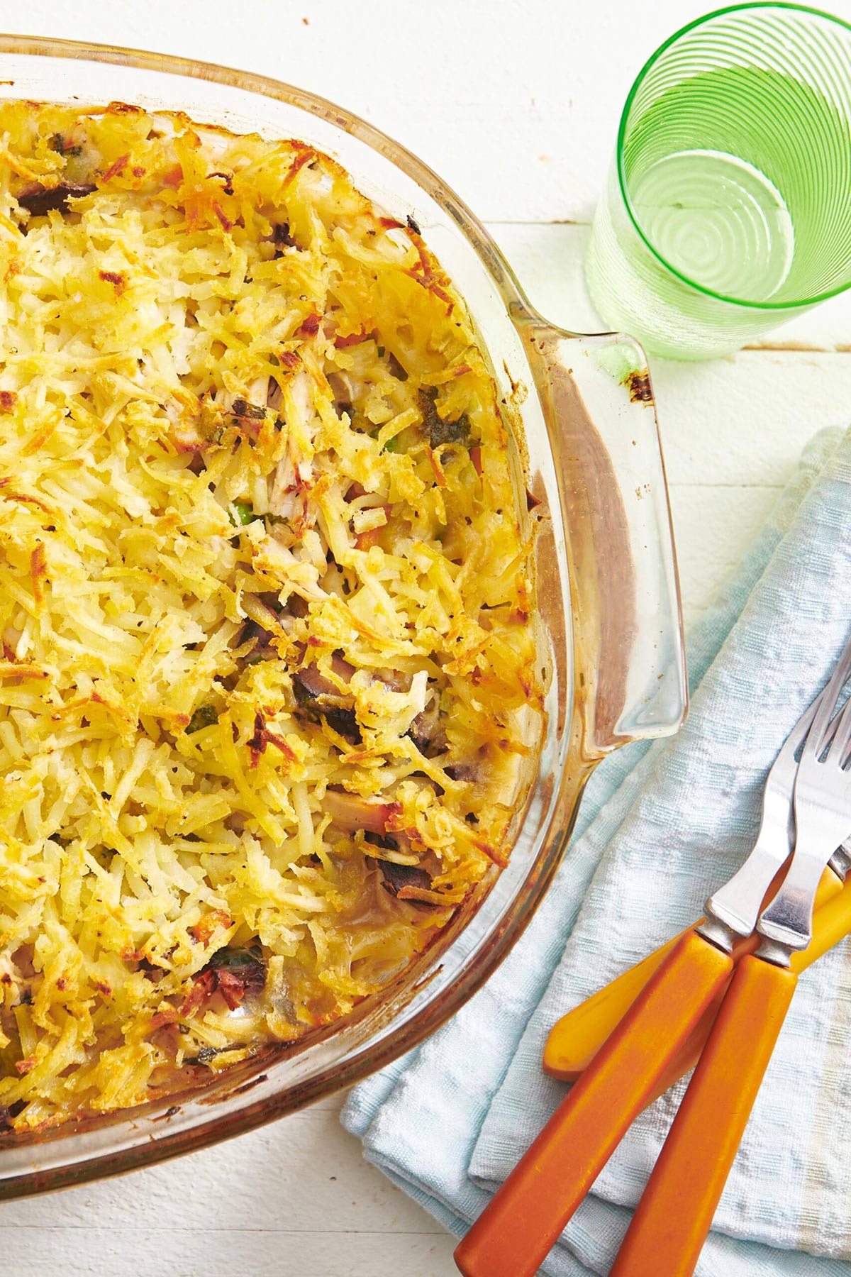 Hashbrown Chicken Vegetable Pot Pie Casserole in a glass dish.