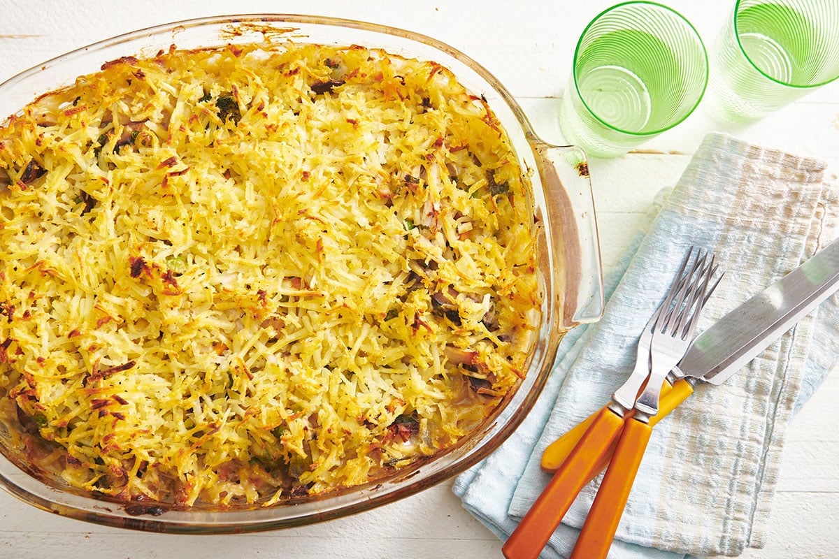 Hashbrown Chicken Vegetable Pot Pie Casserole on table.