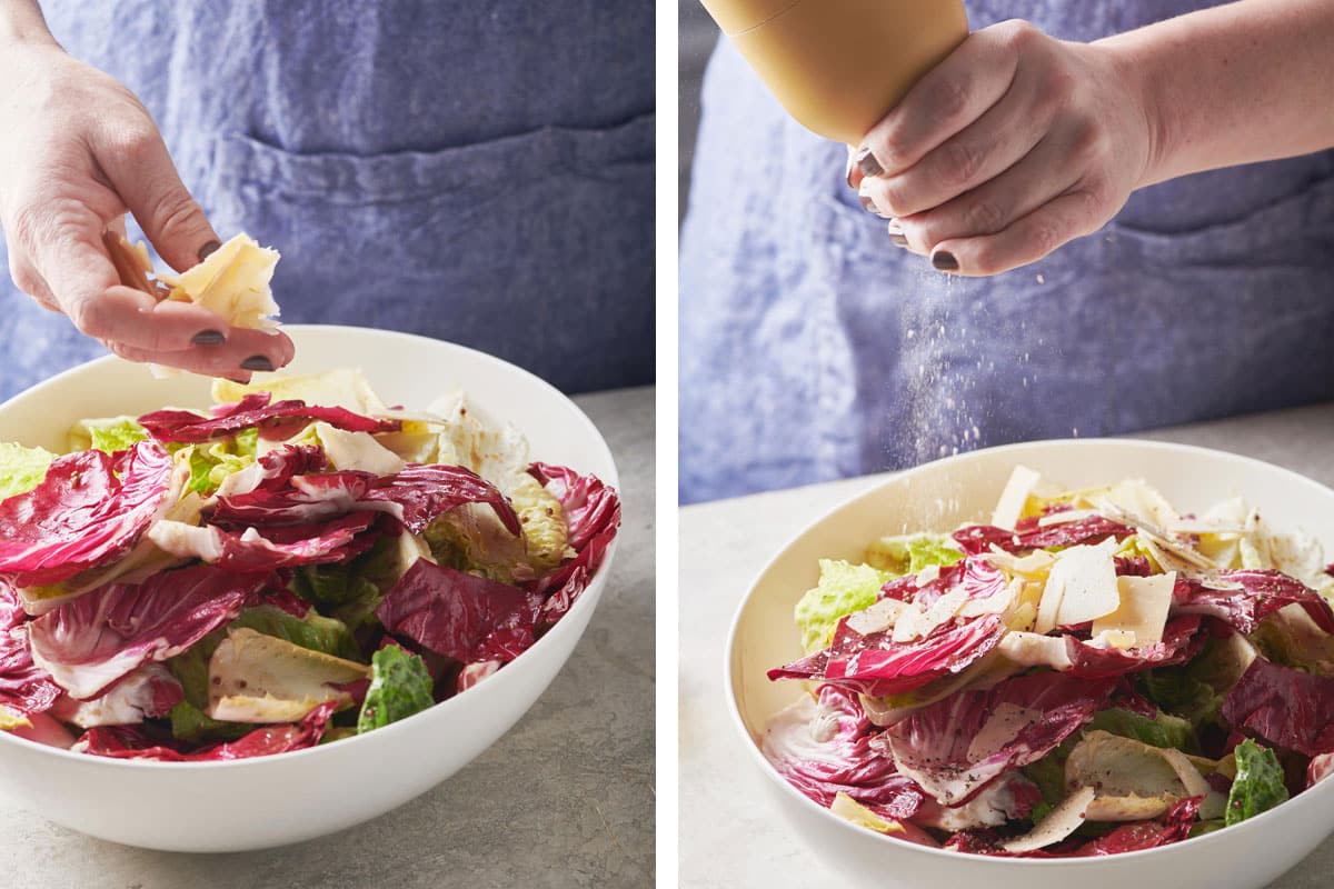 Woman sprinkling Parmesan curls onto a Mixed Lettuce Salad with Mustard Vinaigrette.