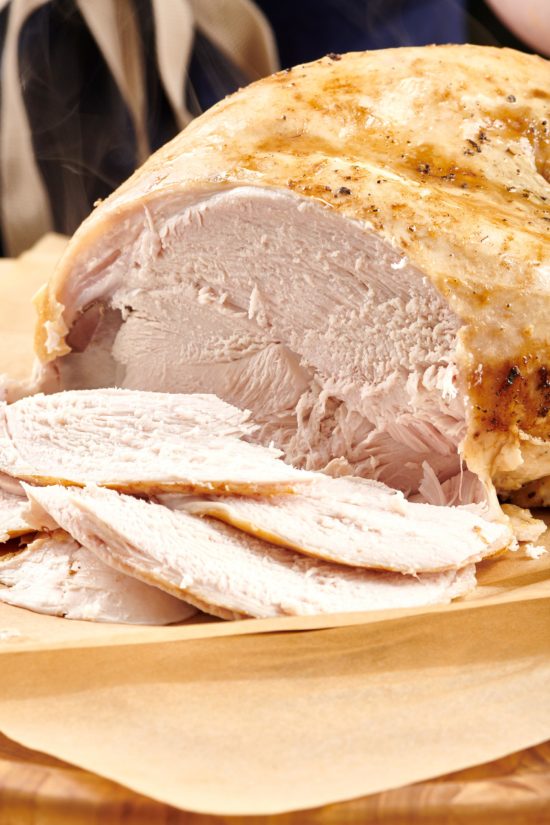Partially-sliced Turkey Breast on parchment paper.