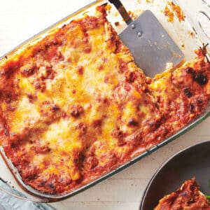Turkey lasagna in pan on table.
