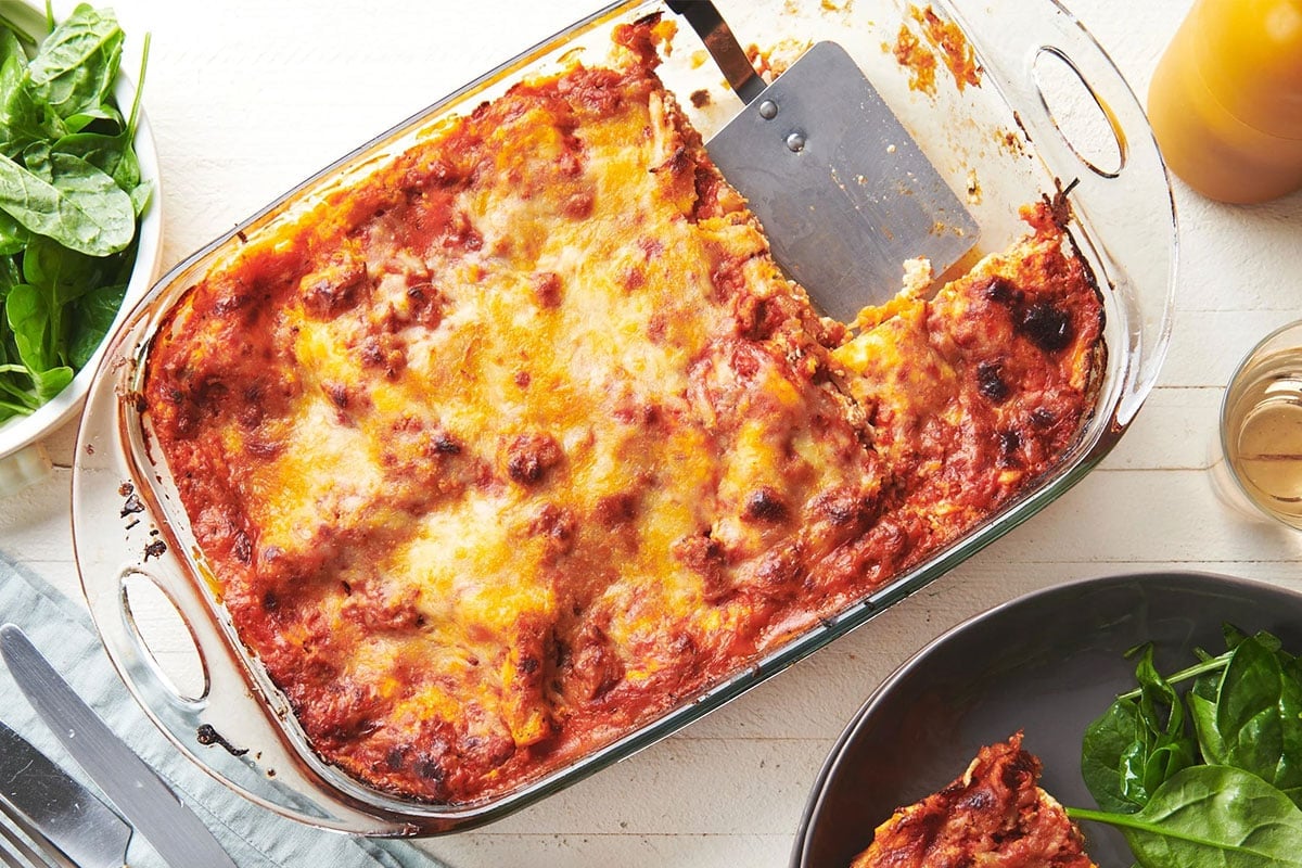 Turkey lasagna in pan on table.