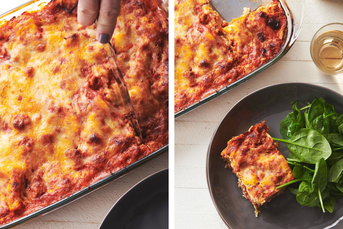 Slicing and serving freshly baked turkey lasagna.