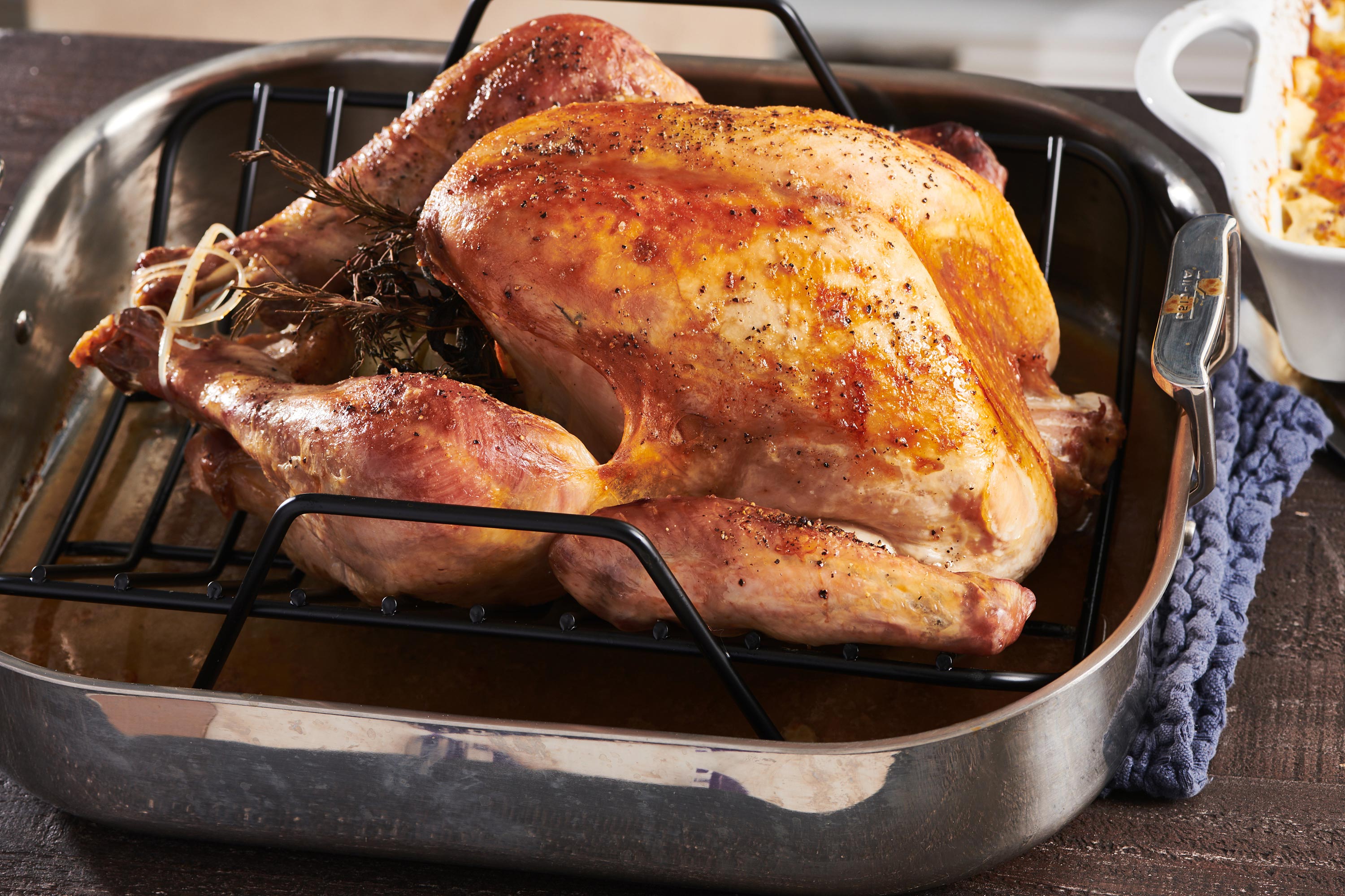 Easy Roasted Thanksgiving Turkey in roasting pan.