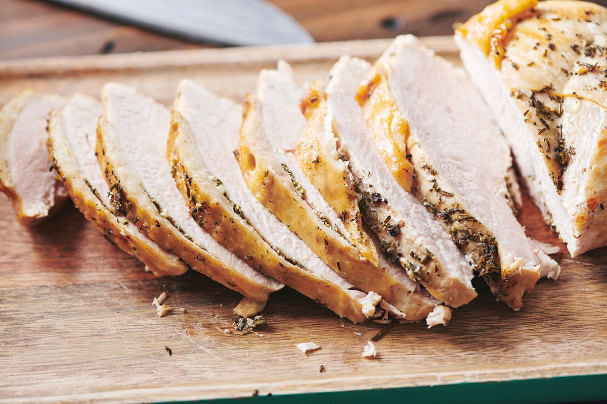 Sliced turkey breast on cutting board.