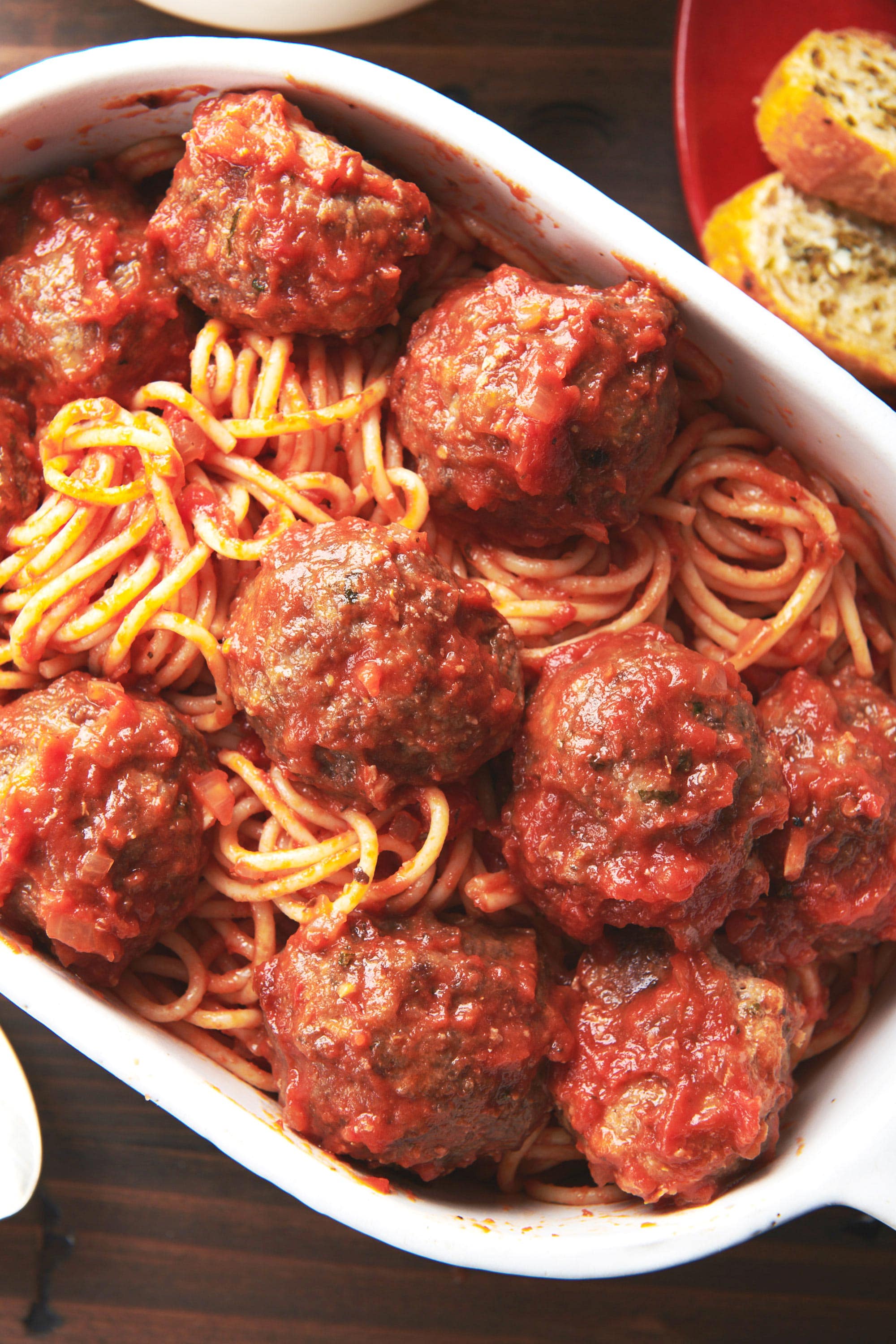 Baking dish of Spaghetti and Meatballs with Tomato Sauce.