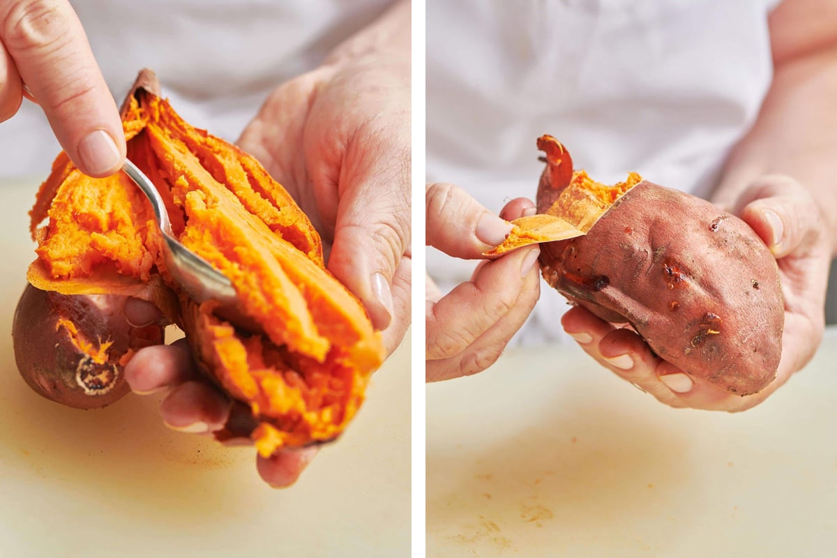 Peeling baked sweet potatoes by hand.