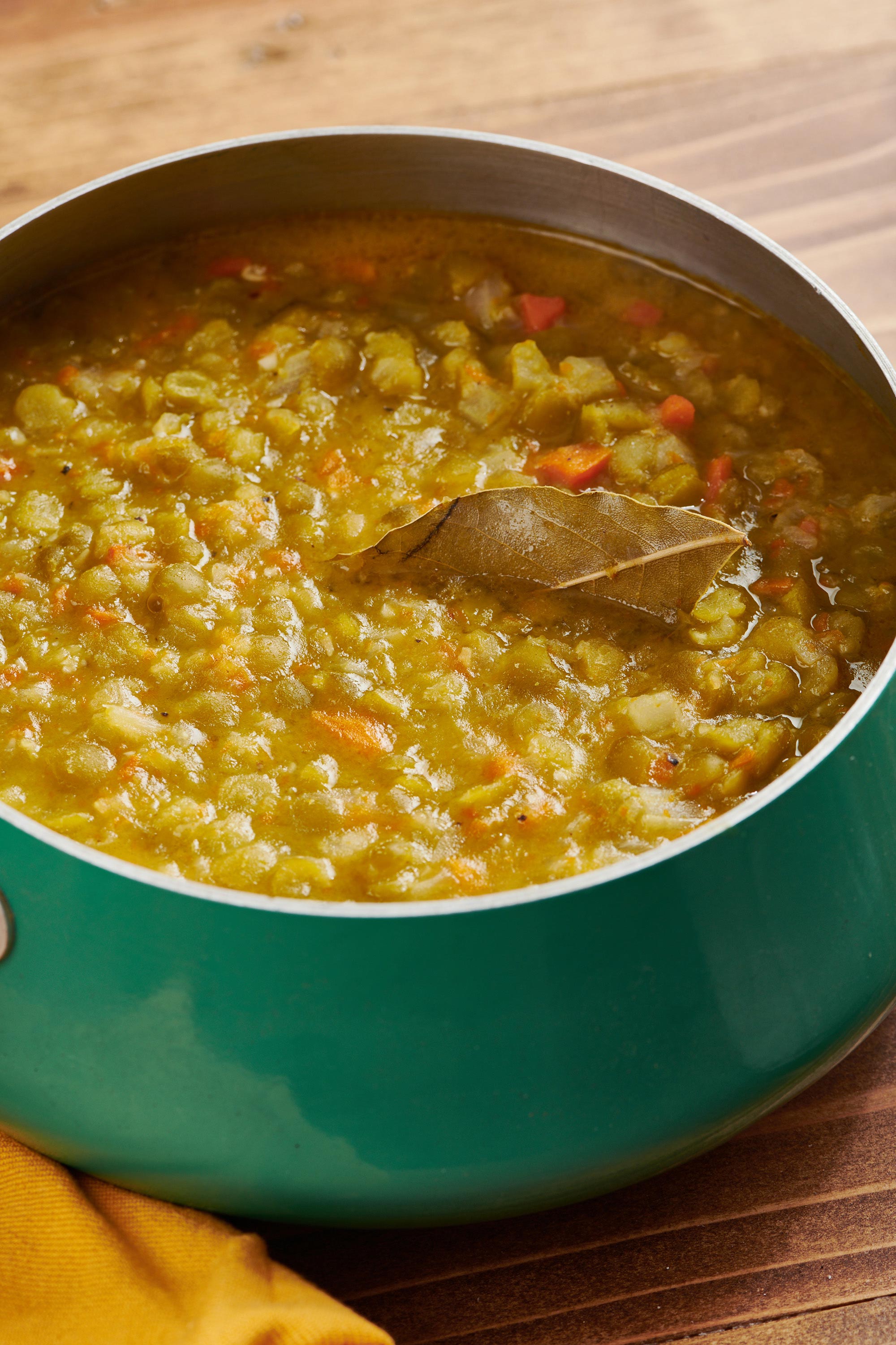 Vegetarian Split Pea Soup in a green pan.