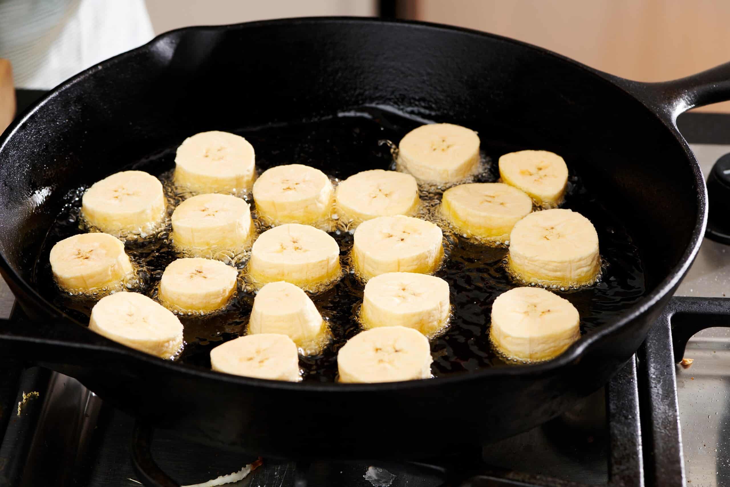Skillet of plantain slices.