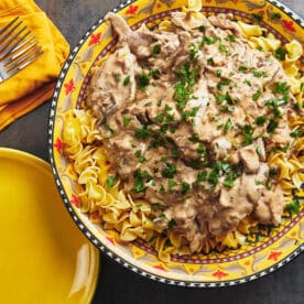 Beef Stroganoff on a bed of egg noodles.