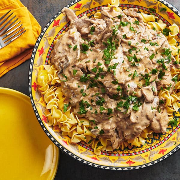 Beef Stroganoff on a bed of egg noodles.