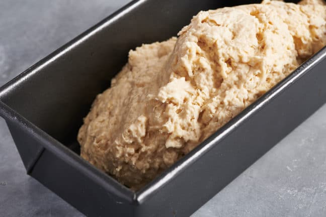 Beer Bread dough in a loaf pan.