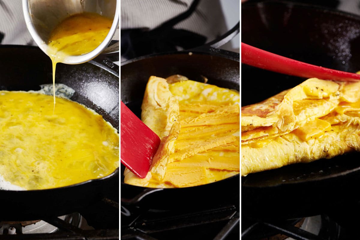 Cooking eggs for an omelet and breakfast sandwich in pan.