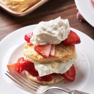 Strawberry Shortcake on a white plate with a fork.