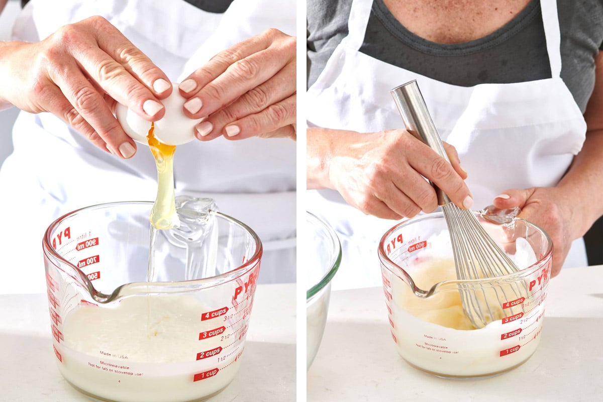 Cracking egg and whisking ingredients in measuring cup.