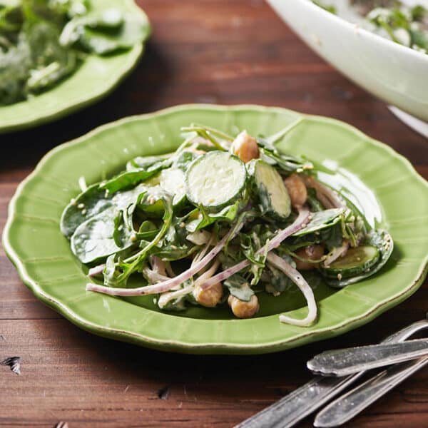 Green Salad with Chickpeas and Spicy Honey Tahini Dressing