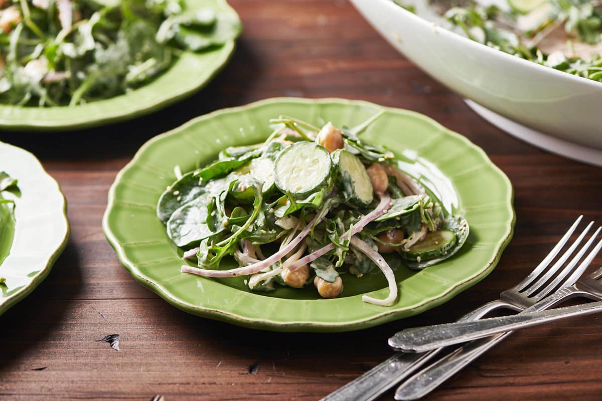 Green Salad with Chickpeas and Spicy Honey Tahini Dressing