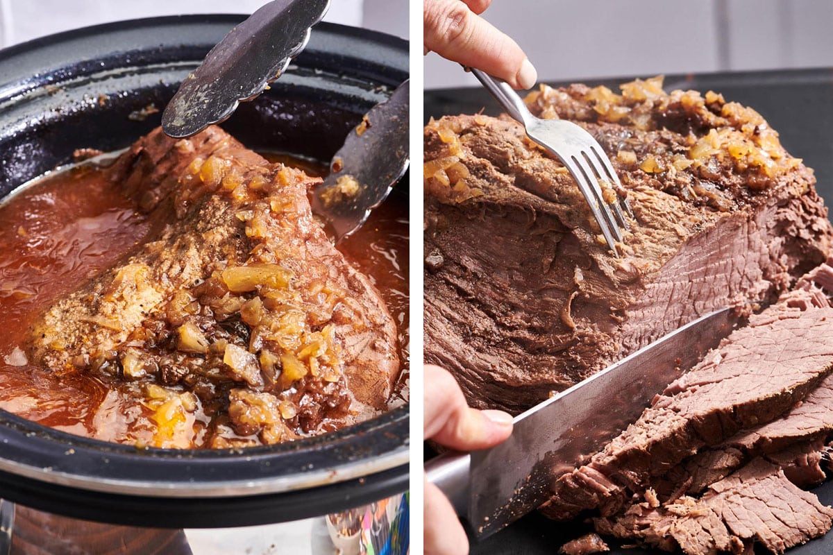 Cooking and slicing slow cooker pot roast.