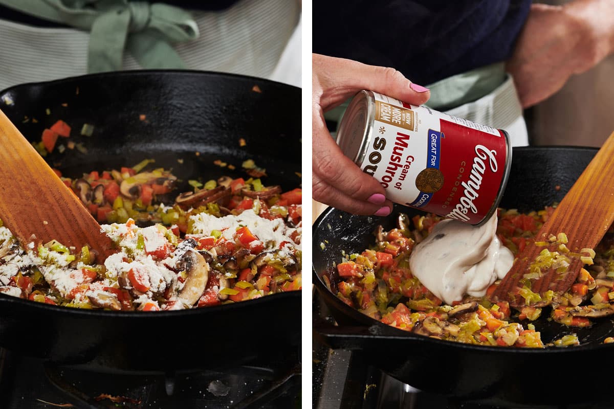 Adding flour and cream of mushroom soup to pan of sauteed vegetables.