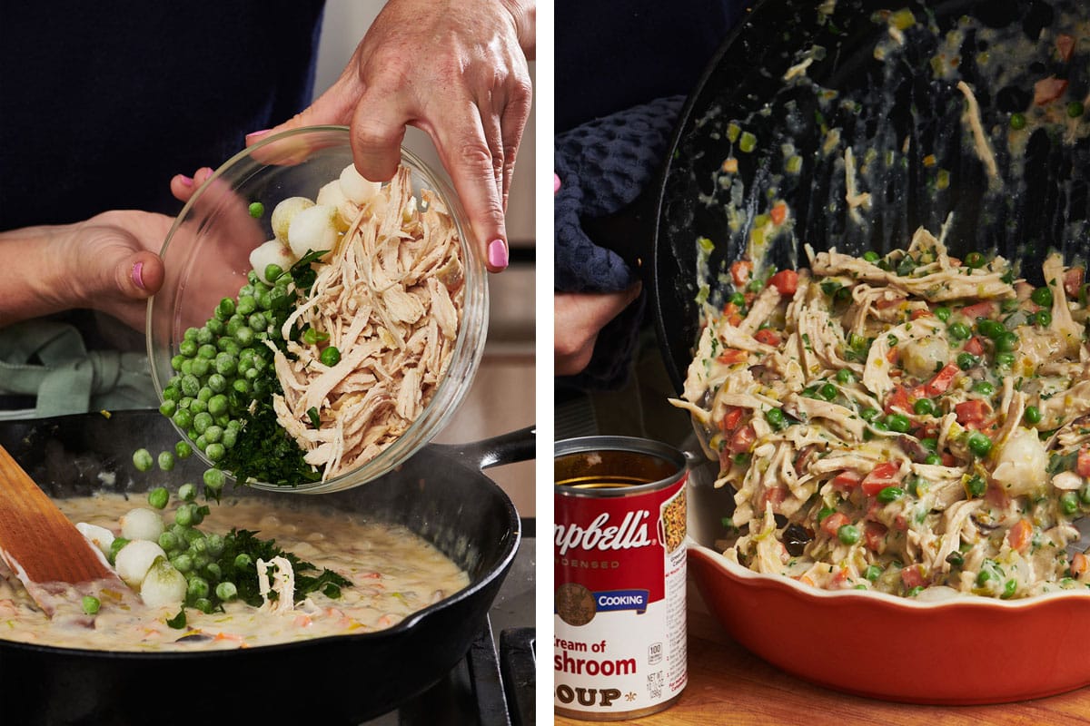 Adding chicken, peas, and herbs to creamy sauce and pouring chicken pot pie filling in baking dish.