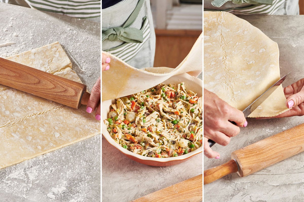 Rolling puff pastry dough and covering pie plate with chicken filling.