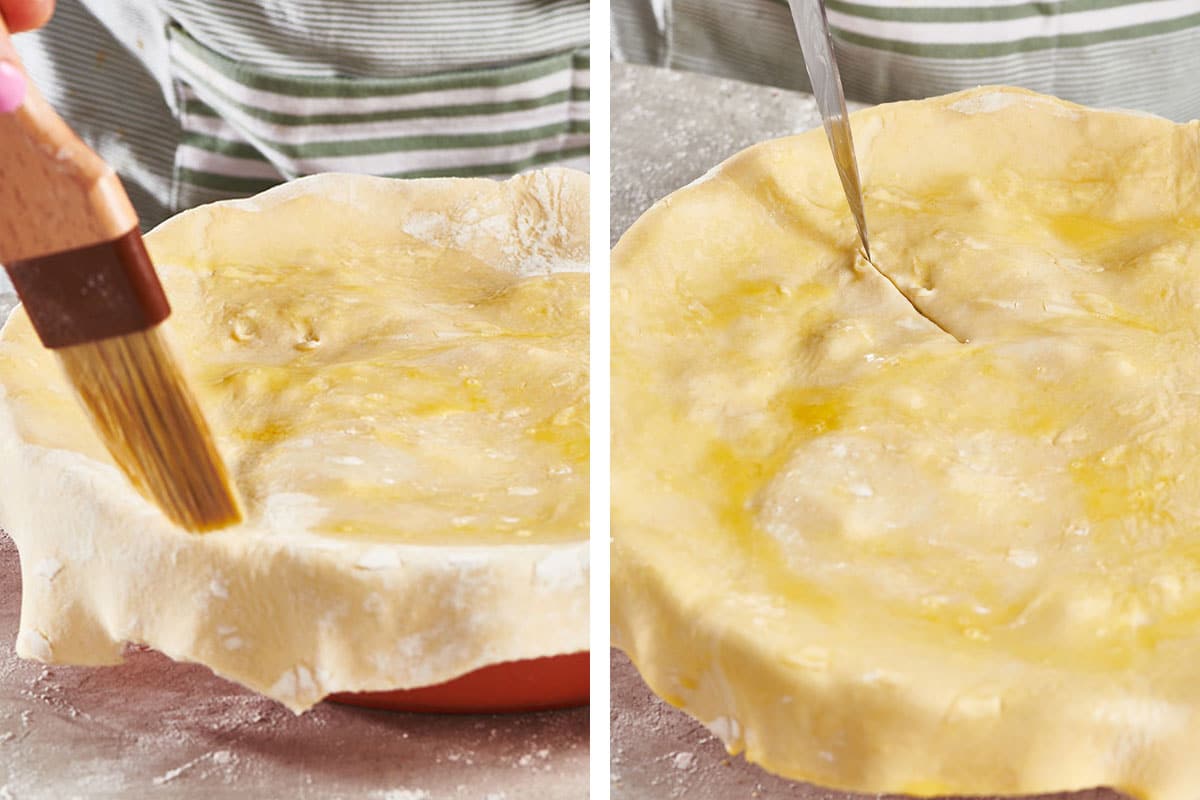 Topping puff pastry pie crust with egg and cutting with knife.