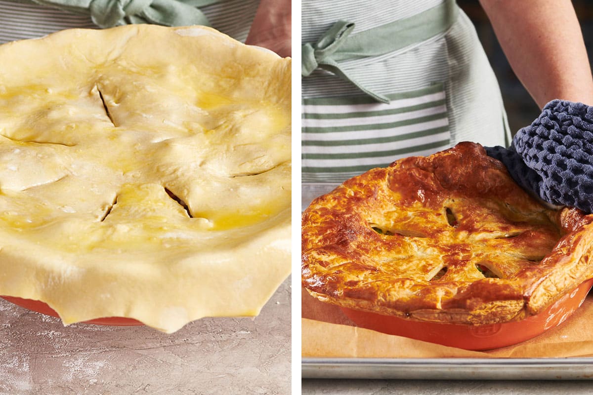 Unbaked and baked chicken pot pie in red dish.