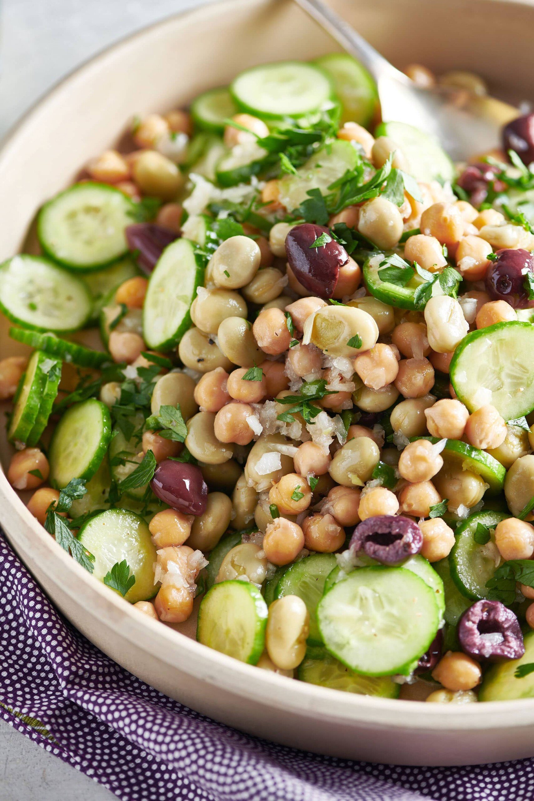 Bowl of chickpea and fava bean salad.