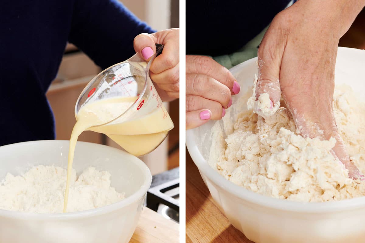 Mixing buttermilk and egg into flour for Irish soda bread dough.