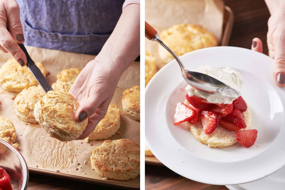 Cutting biscuit and topping with strawberries and whipped cream.