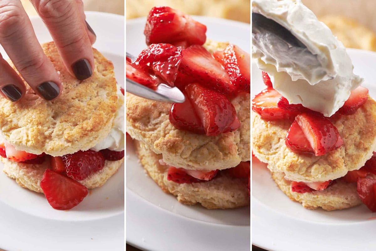 Adding biscuit, strawberries, and whipped cream to strawberry shortcake.