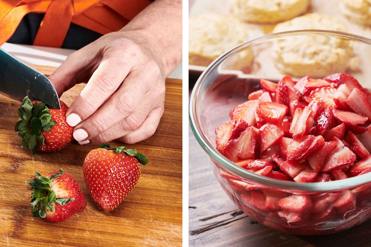 Slicing strawberries on cutting board and placing in glass bowl.