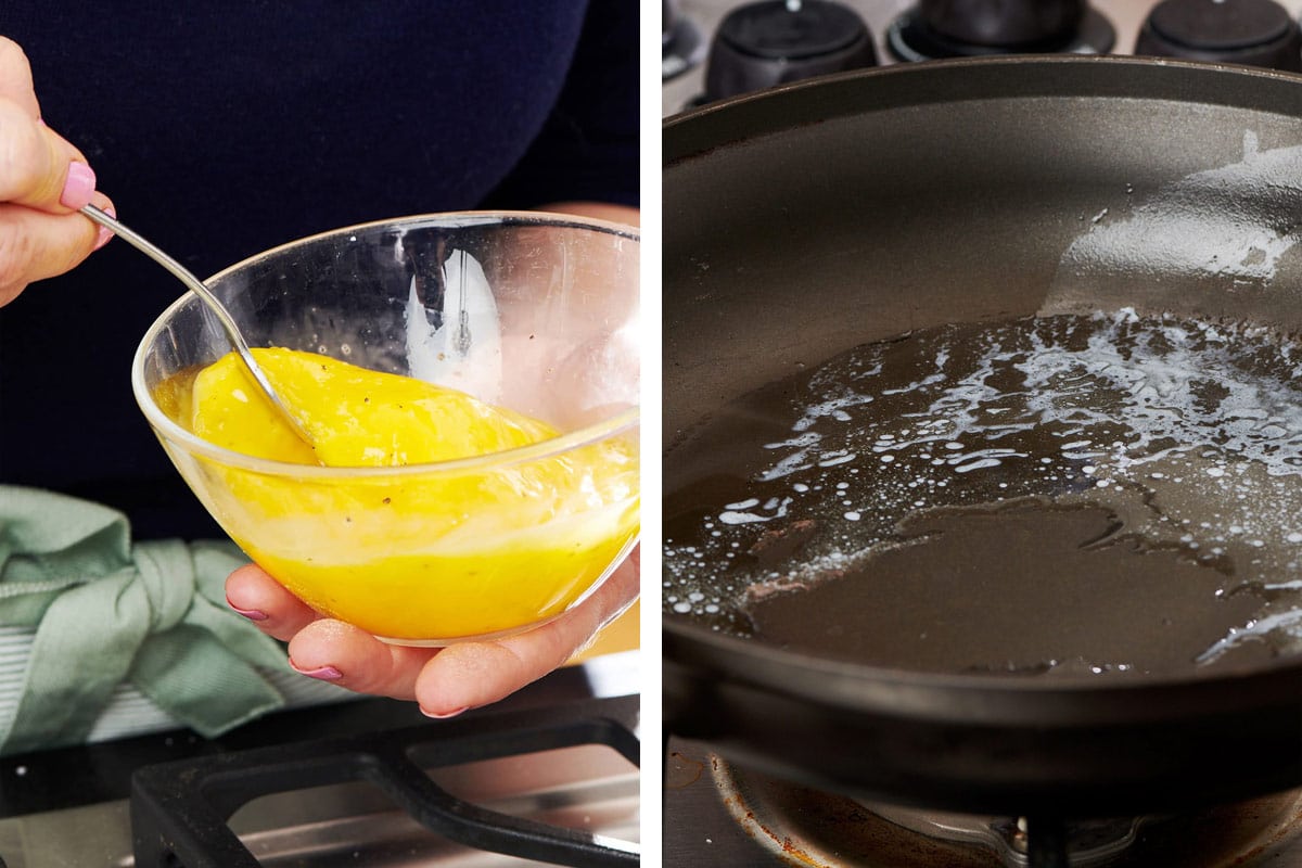 Beating eggs with fork and melting butter in pan for omelet.