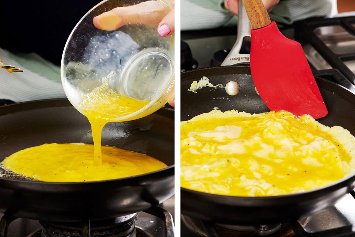 Cooking eggs in pan for omelet.