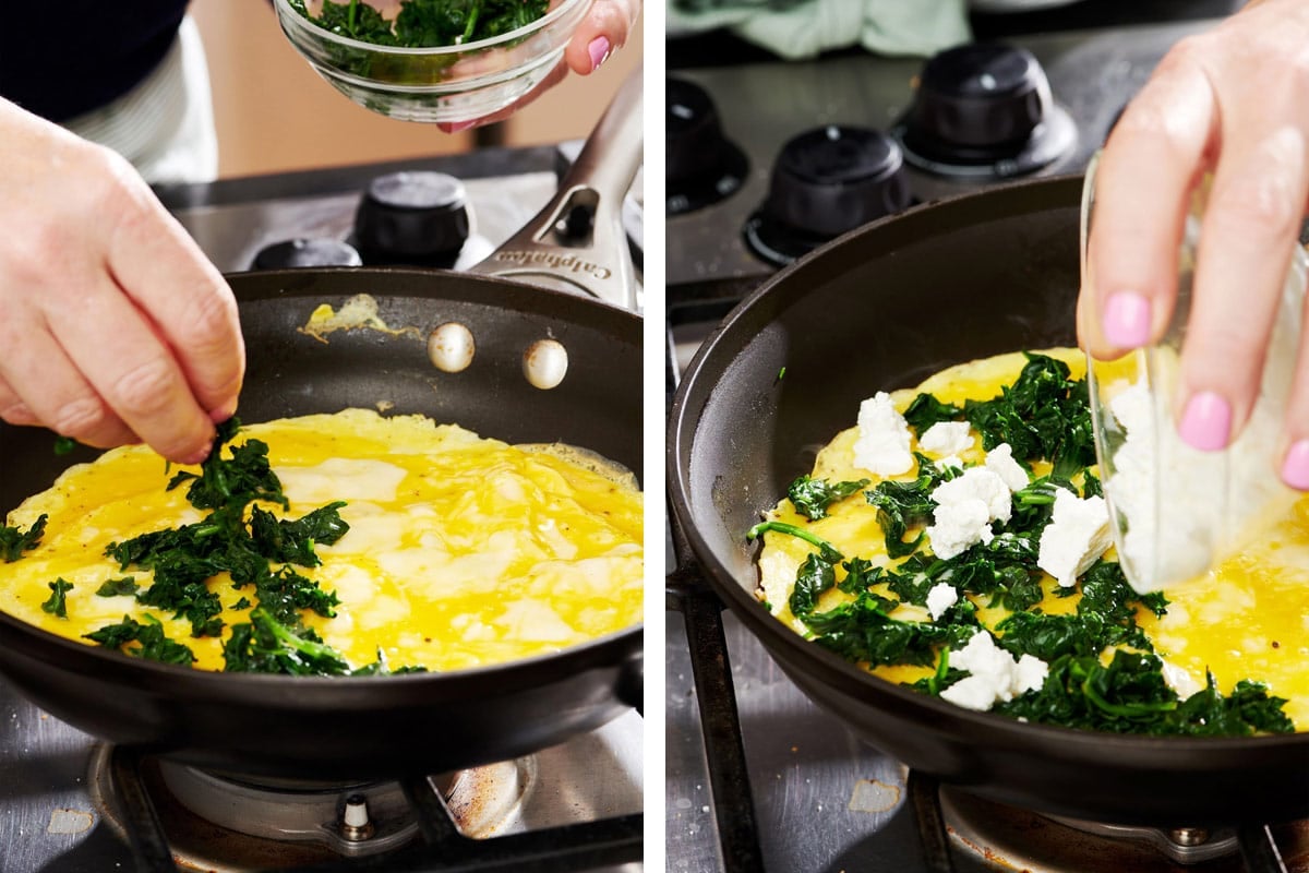 Adding herbs and cheese to eggs in pan for an omelet.
