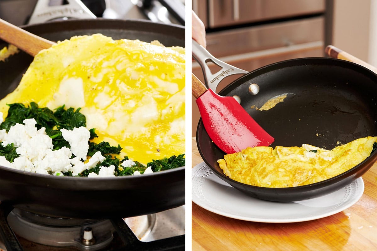 Folding and serving an omelet from cast-iron pan.