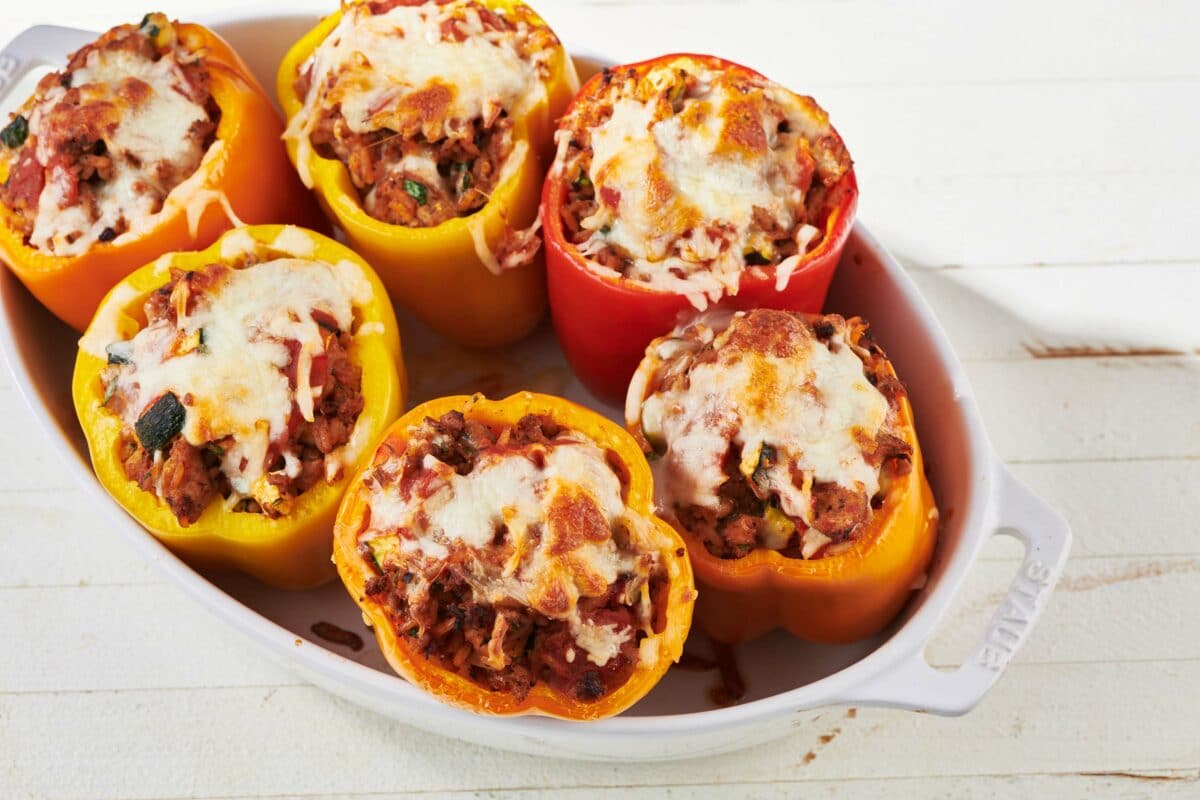 Ground Turkey Stuffed Peppers in baking dish.