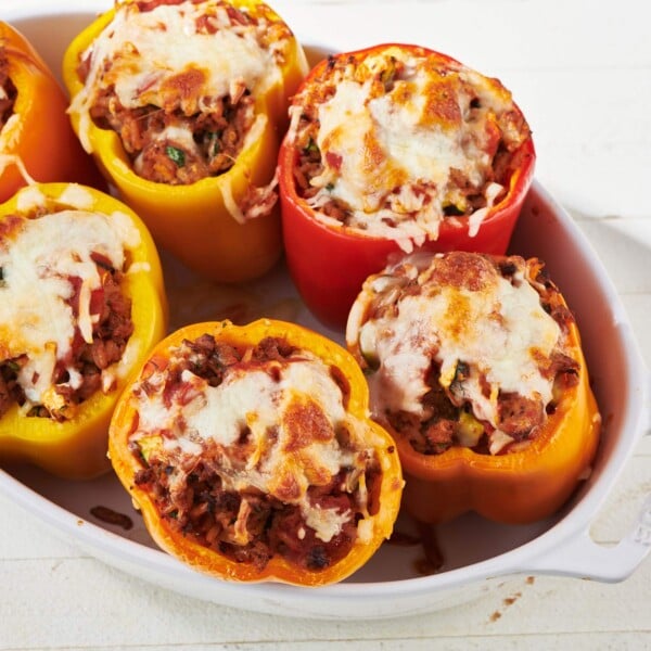 Ground Turkey Stuffed Peppers in baking dish.