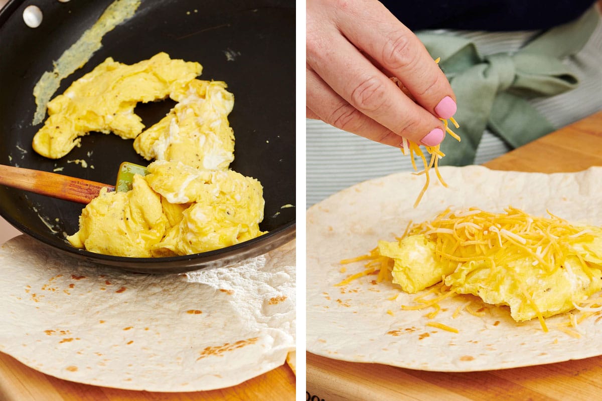 Woman placing scrambled eggs and shredded cheese on tortilla.