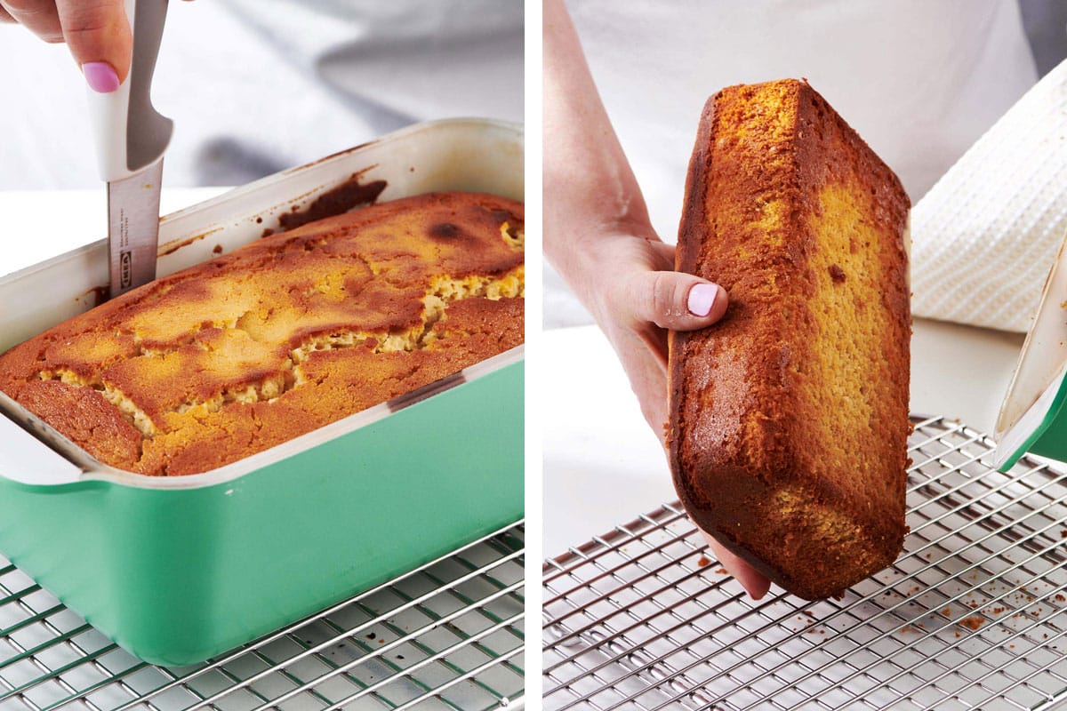 removing lemon cake loaf from pan with knife and placing on wire rack.