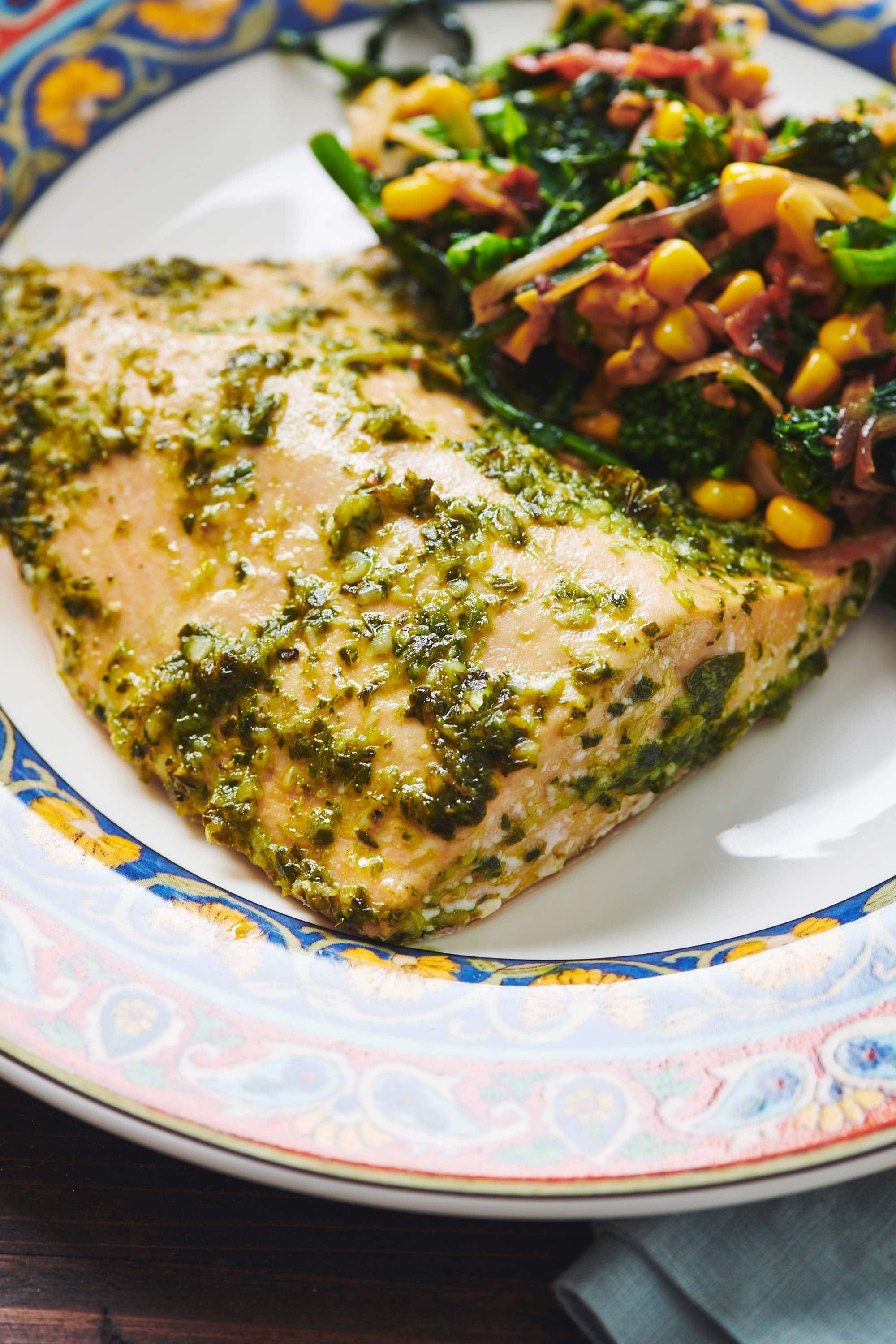 Salmon with Chimichurri Sauce on a plate.