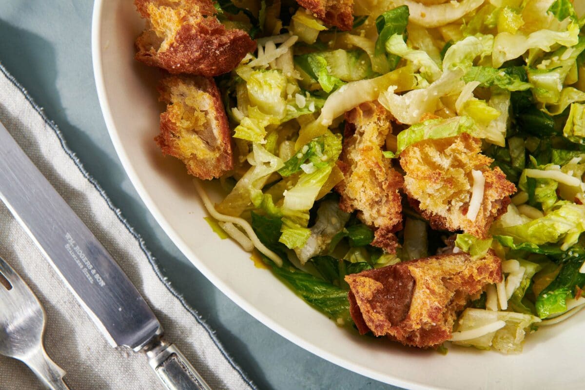 Croutons on a green salad.
