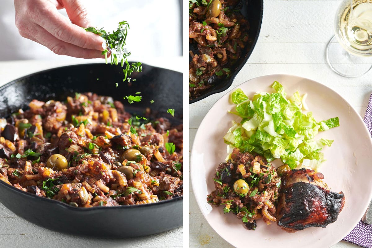Adding parsley to caponata in pan and serving with chicken and salad.