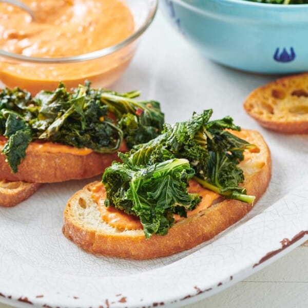 Plate set with Kale and Roasted Pepper Bruschetta.
